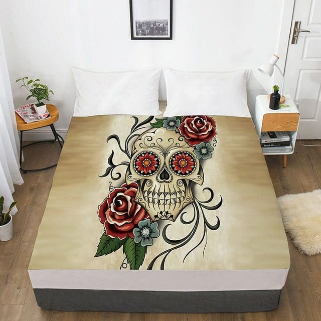 Mexican Skull & Roses Elastic Fitted Bed Sheet With An Elastic Band 1pc