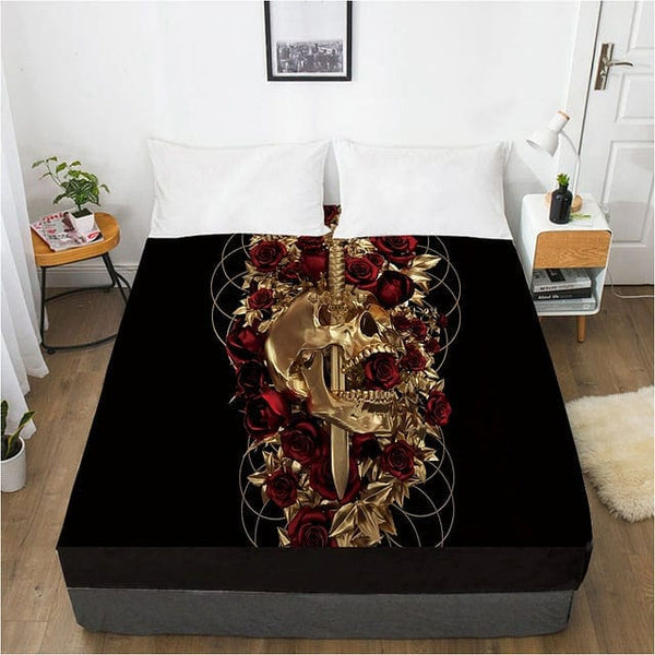 Skull Sword Red Roses Elastic Fitted Bed Sheet With An Elastic Band 1pc