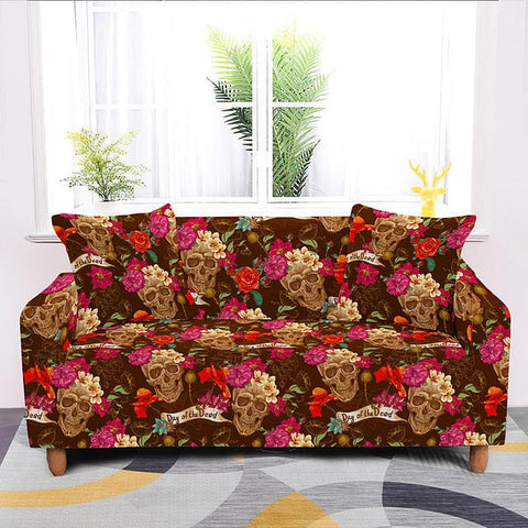 Brown Skull Red Flowers Sofa Cover Stretch Slipcover Furniture Protector Elastic 1/2/3/4-Seat