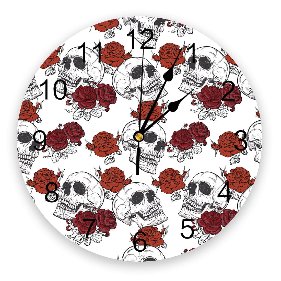 Skull Red Rose White Wall Round Clock Home Bedroom Kitchen Decoration