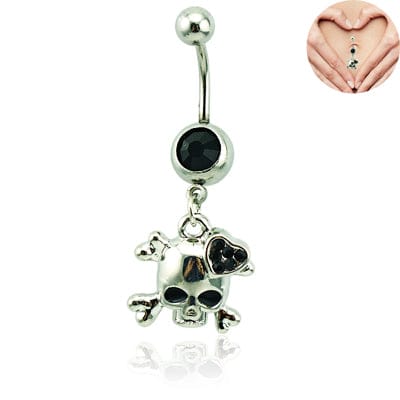 Belly Button Ring Surgical Steel Dangle Rhinestone Heart Skull 💀 - Skull Clothing and Accessories Skull only Merchandise