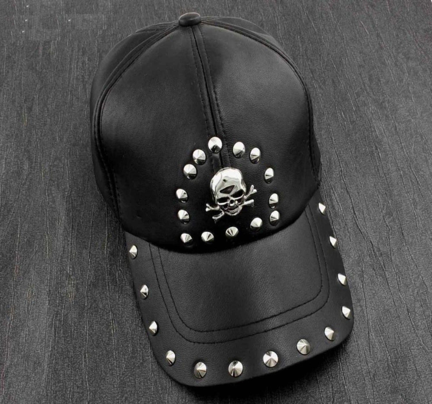 Skull Studded Genuine Leather Biker Hat