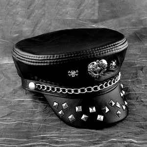 Black Genuine Leather Punk Steampunk Metal Studded Skull Hat