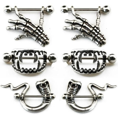 Step Up Your Body Jewelry Game with 3 Pairs Bite Fang, Skull Hand & Snake
