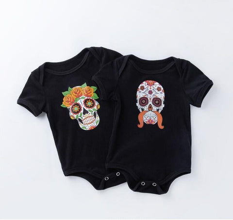 Skull Print Style Short Sleeve Cotton Rompers