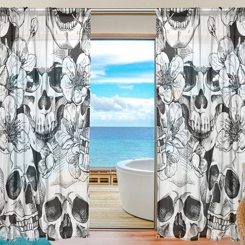 Sheer Voile Window Curtain Vintage Sugar Skull Floral Pattern - Skull Clothing and Accessories Skull only Merchandise