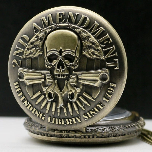 2ND AMENDMENT Bronze Skull Pendant Pocket Watch